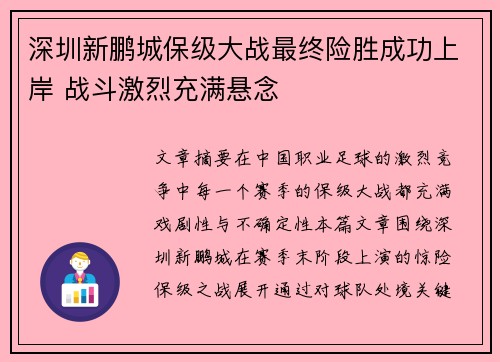 深圳新鹏城保级大战最终险胜成功上岸 战斗激烈充满悬念